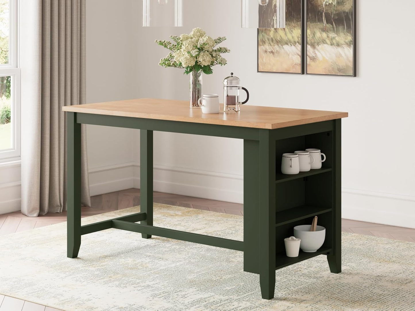 Gesthaven Modern Counter Height Dining Table with 3 Shelves and Trestle Base, Light Brown & Green