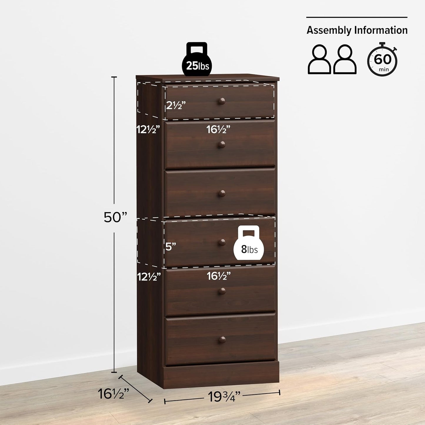 Astrid Tall Brown Dresser: 16.5"D X 19.75"W X 50"H, 6-Drawer Chest for Bedroom by - Perfect Chest of Drawers for Ample Storage