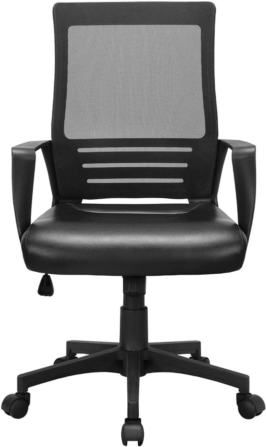 Ergonomic Office Chair Leather Seat and Mesh Back Computer Chair Executive Chair Mid-Back Rolling Swivel Chair with Lumbar Support and Armrests Adjustable Height for Office Meeting, Black